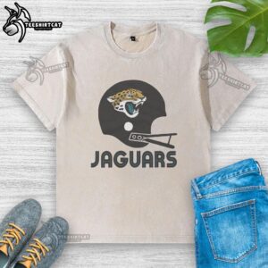 Hot Jacksonville Jaguars football logo on a big helmet washed t-shirt, perfect for fans showcasing team spirit.