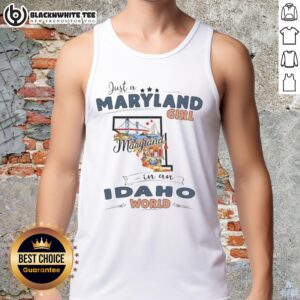 Alt Text: Maryland girl wearing a tank top with Idaho state map outline, showcasing unique style and pride in her roots.