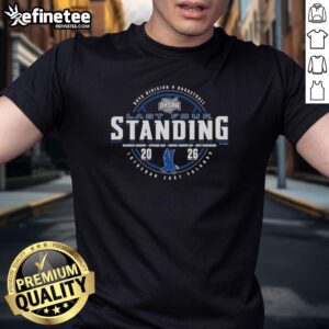 Alt Text: Official Lutheran East Falcons 2026 OHSAA Boys Basketball Division 5 Last Four Standing T-Shirt design featuring team colors.