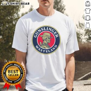 Original Gunslinger Beer Wasteland T-Shirt featuring bold graphics and a rugged design for beer enthusiasts and adventurers.