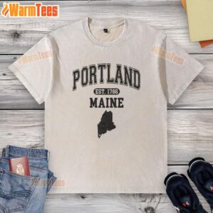 Good Portland Maine Est 1786 Varsity Washed T-Shirt in navy blue, featuring vintage-style graphics and comfortable fit.