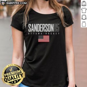 Cute Jake Sanderson 85 Ottawa Senators tee with USA flag design, perfect for elite ladies' sports fashion.