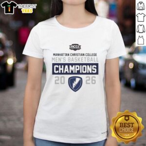 Top Manhattan Christian College Men's Basketball Champions 2026 Ladies Tee featuring vibrant team colors and logo.