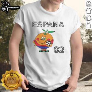 Alt Text: Hot Spain 82 Naranjit FIFA World Cup 1982 mascot T-shirt featuring vibrant design and retro sports style.