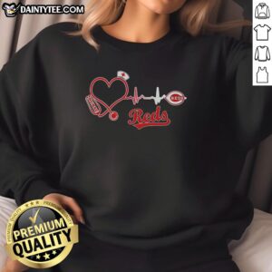 Nice Cincinnati Reds Nurse Lover Heartbeat Baseball T-Shirt - Image 5