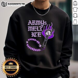 Alt Text: Funny BTS Army melting ice power sweatshirt featuring vibrant community lightstick design.
