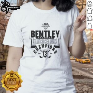 Pretty Bentley Falcons Atlantic Hockey America Champions Back-to-Back 2026 Ladies Tee featuring vibrant team colors.