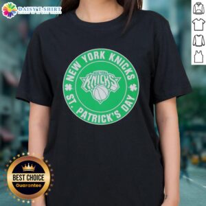 Alt Text: Official New York Knicks St. Patrick's Day shamrock green ladies tee featuring team logo and festive design.