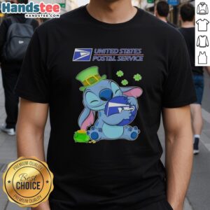 Alt Text: Cute Stitch hugging USPS logo on a St. Patrick's Day T-Shirt design, perfect for festive celebrations.