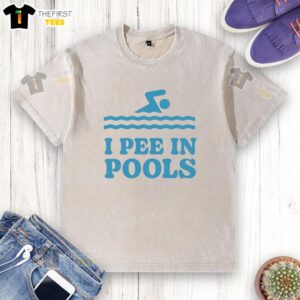 Premium Zwemwater logo on a washed t-shirt featuring humorous 'I pee in pools' design for swimming enthusiasts.