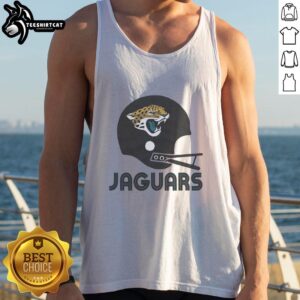 Alt Text: Hot Jacksonville Jaguars football logo displayed on a big helmet tank top, perfect for fans and summer wear.