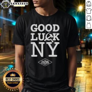 Awesome Good Luck Ny Tucker Carlson Show T-Shirt featuring a bold hammer and sickle design, perfect for political enthusiasts.