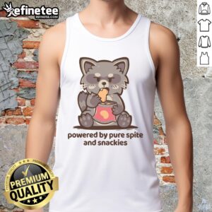 Official 'Powered By Pure Spite And Snackies' tank top featuring bold text design on a stylish fabric background.