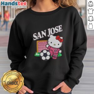 Alt Text: San Jose Earthquakes x Hello Kitty Night 2026 celebration sweatshirt featuring vibrant colors and fun graphics.