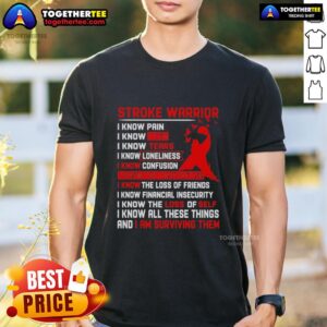 Premium Stroke Warrior I Know Pain I Know Fear I Know Tears Red Ribbon T-Shirt design featuring bold text and a red ribbon.