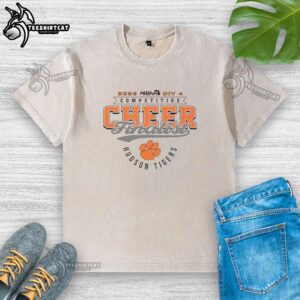 Alt Text: Official Hudson Tigers 2026 MHSAA Cheer Division 4 Finalist washed t-shirt featuring team colors and logo.