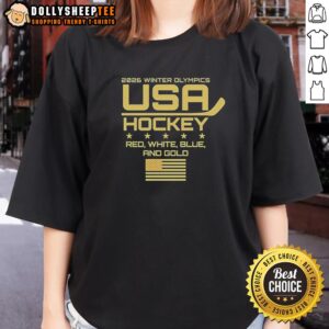 Awesome USA Hockey 2026 Winter Olympics red, white, blue, and gold ladies tee shirt featuring patriotic design.