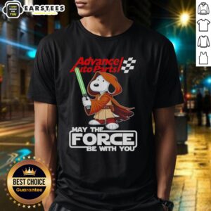 Alt Text: Cute Snoopy Advance Auto Parts 'May The Force Be With You' T-Shirt featuring Snoopy in a playful design.