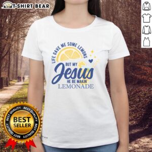 Womens tee featuring 'Life Gave Me Lemons, My Jesus Makes Lemonade' design, perfect for faith-inspired fashion.