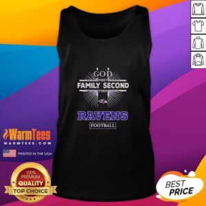 Premium Baltimore Ravens tank top featuring 'God First, Family Second, Then Ravens' design for fans.