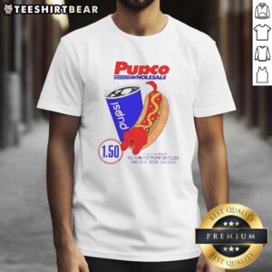Nice hot dog graphic on a red pup-themed t-shirt from Pupco Wholesale, featuring Costco and Pepsi logos.