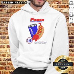 Delicious hot dog with a cute red dog pup wearing a hoodie, showcasing Pupco Wholesale Pupsi and Costco branding.