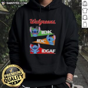 Alt Text: Cute Stitch x Walgreens hoodie featuring Idk I Don't Care IDC IDGAF text, perfect for casual and trendy outfits.