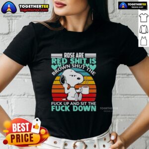 Vintage ladies tee featuring Snoopy with 'Roses are red, shit is brown' quote, perfect for casual wear.