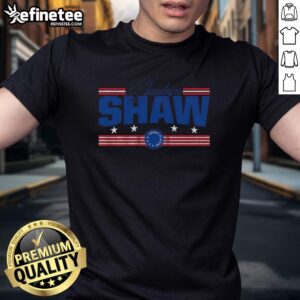 Alt Text: Jaedyn Shaw Stars and Stripes T-Shirt featuring bold patriotic design, perfect for summer casual wear.