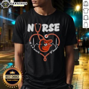 Good Baltimore Orioles MLB Nurse 'Its A Work Of Heart' Stethoscope T-Shirt showcasing team spirit and healthcare pride.