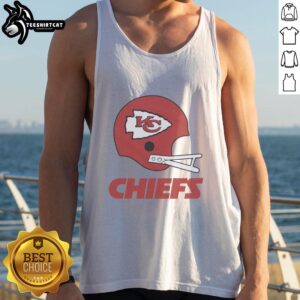 Hot Kansas City Chiefs football logo displayed on a big helmet tank top, perfect for fans and summer outings.