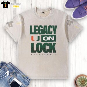 Top Miami Hurricanes NCAA 2026 Legacy On Lock Washed T-Shirt featuring team logo and vibrant colors.