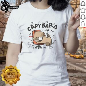 Cute capybara relaxing on an office chair, featured on a ladies' tee for a fun and stylish look.