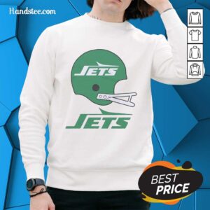 Alt Text: Awesome New York Jets football logo on a big helmet sweatshirt, perfect for fans and casual wear.
