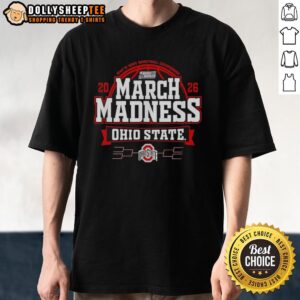 Ohio State Buckeyes March Madness 2026 men's basketball t-shirt featuring team colors and logo for fans.