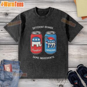 Funny political humor washed t-shirt featuring different brands with the same ingredients, showcasing unique designs.