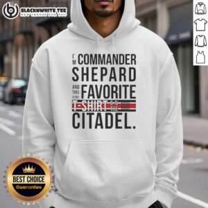 Alt Text: Commander Shepard wearing the favorite Citadel hoodie, showcasing a fan-favorite design from Mass Effect.