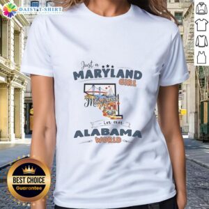 Maryland girl in Alabama world tee featuring a state map outline, perfect for proud Maryland residents.