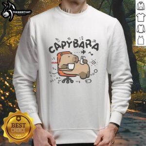 Cute capybara relaxing on an office chair, featured on a cozy sweatshirt for animal lovers.