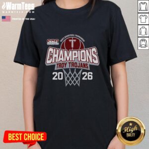 Premium Troy University Trojans Blue 84 tee celebrating 2026 Sun Belt Men's Basketball Tournament champions for ladies.