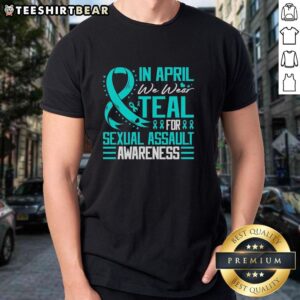 Pretty In April teal t-shirt for sexual assault awareness featuring a blue ribbon design.