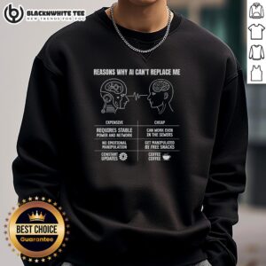 Cozy sweatshirt featuring 'Top Reasons Why AI Can't Replace Me' slogan, perfect for tech enthusiasts and AI skeptics.
