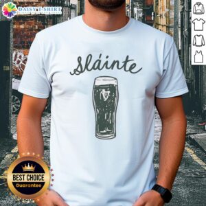 Original St Patrick's Day Slinte T-Shirt featuring festive green design and cheerful Irish motifs for holiday celebrations.