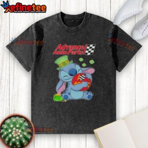 Alt Text: Cute Stitch Hug Advance Auto Parts logo on a St. Patrick's Day washed t-shirt, perfect for festive celebrations.