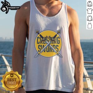 Premium Crossing Swords Podcast logo on a stylish tank top, perfect for fans of engaging discussions and pop culture.