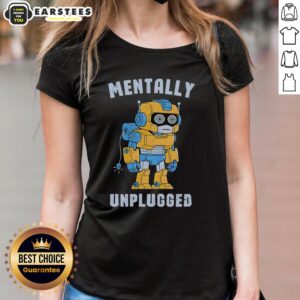 Good Robot Mentally Unplugged Retro Ladies Tee featuring a vintage robot design on a stylish women's shirt.