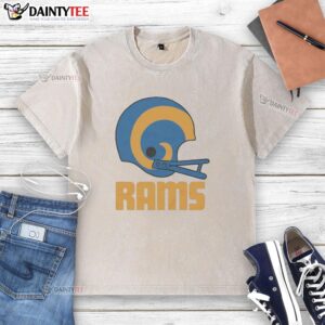 Awesome Los Angeles Rams football logo on a big helmet graphic printed on a washed T-shirt.