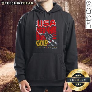 Alt Text: Top USA Hockey red, white, blue, and gold hoodie for 2026 Milan, showcasing patriotic design and team spirit.
