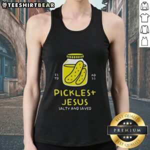 Pretty Pickles and Jesus Salty and Saved tank top featuring a fun graphic design for faith and pickle lovers.