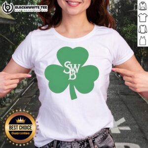 Alt Text: Original SWB Clover Lucky St. Patrick's Day Ladies Tee featuring a vibrant green clover design for festive celebrations.